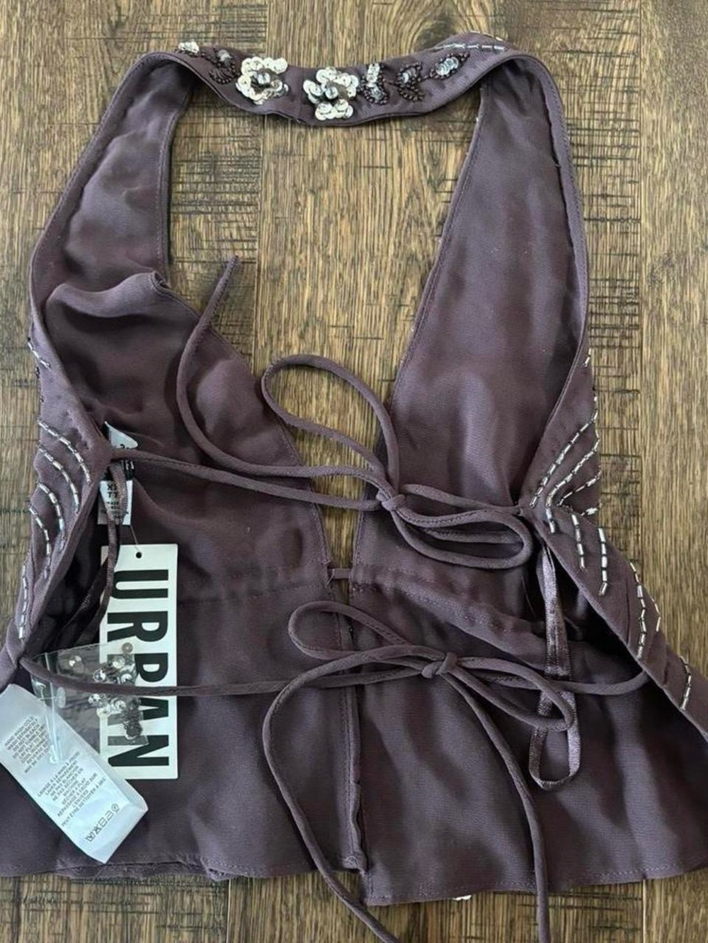 Brand New Urban Outfitters Embellished Halter Top in Brown Plum XXS - Picture 2 of 2